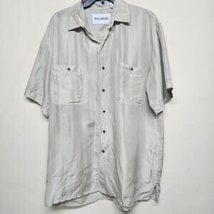 Stock Options Silk Button Up Shirt Men’s Large Short Sleeve Casual Tan